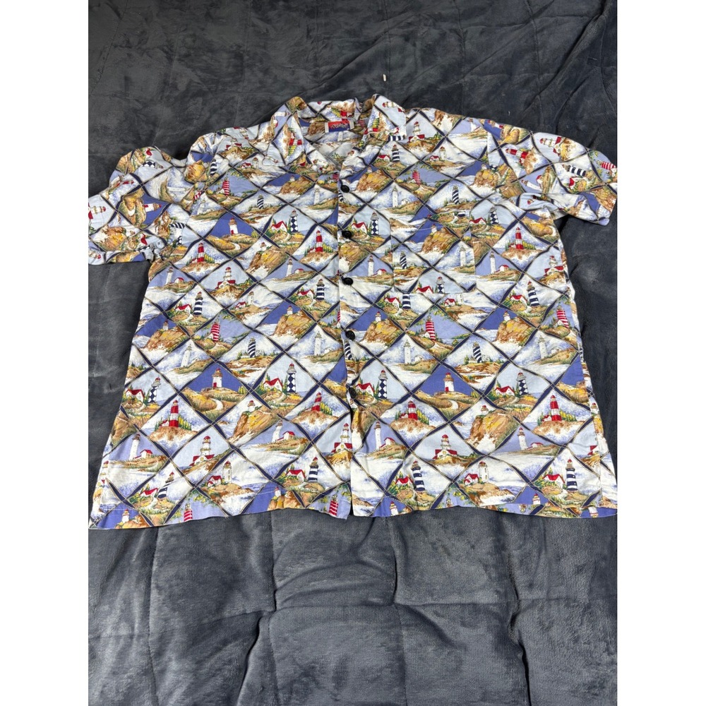 Dem Crazy Mens XL Lighthouse Nautical Print Short Sleeve‎ Button Up Shirt Blue